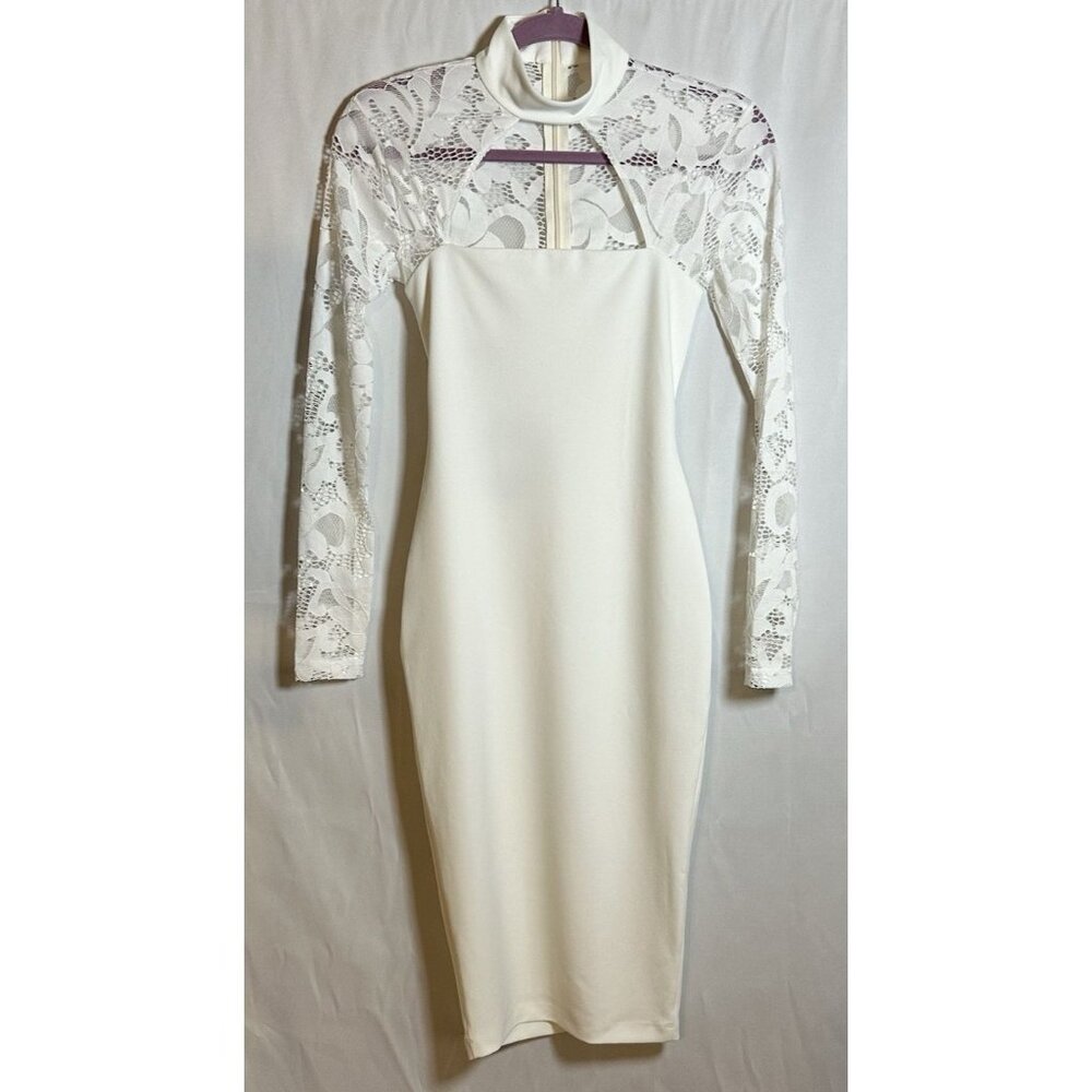 Nookie NWT Lady Lace Long Sleeve Cut Out White Bodycon Cocktail Midi Dress S